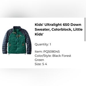 LL Bean Boys Ultralight 650 Down Jacket- size 4